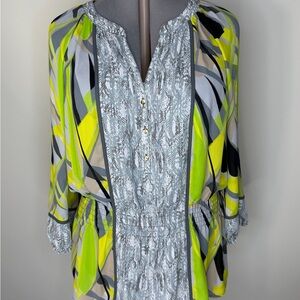 Alfani Shirt Womens 18W Multicolor Geometric Henley 3/4 Sleeve Tunic Peasant Top